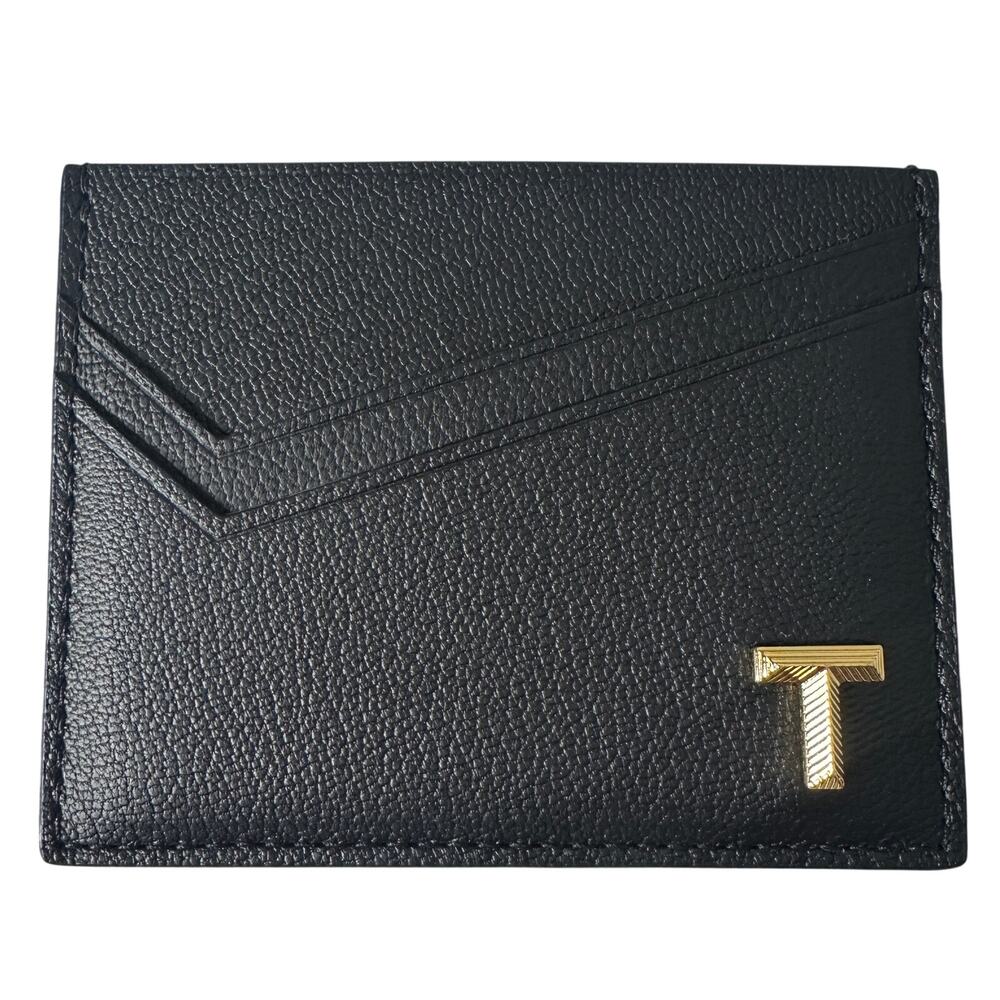 Tiffany & Co Black Leather Card Holder Wallet Gold T Logo Minimalist Luxury